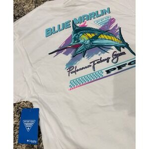 New! Men's Columbia Blue Marlin PFG Short Sleeve Shirt - Medium